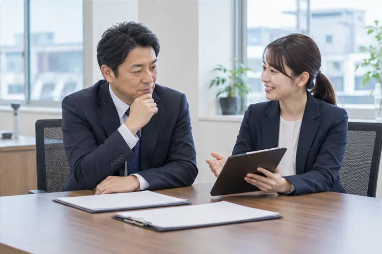 人材サービスの流れを相談する企業担当者とNICEの担当者