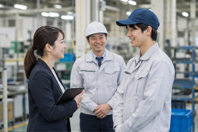 工場でスタッフをフォローする担当者