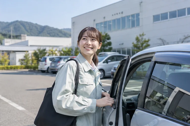工場へ車で通勤するスタッフ